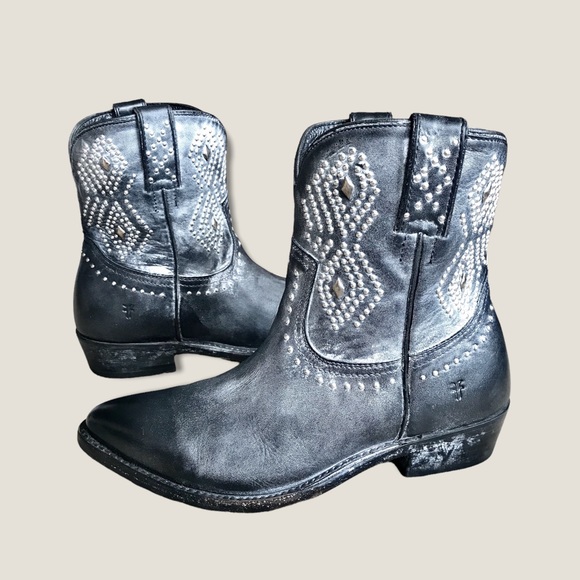 Frye Billy Stud/Diamond Black/Grey Short Festival Party Cowboy Short Ankle Boots - Picture 11 of 16
